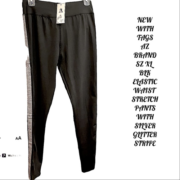 NWT SZ L/XL YOGA PANTS/LEGGINGS BLACK WITH SILVER GLITTERY RACING STRIPE ON SIDE - Picture 1 of 9